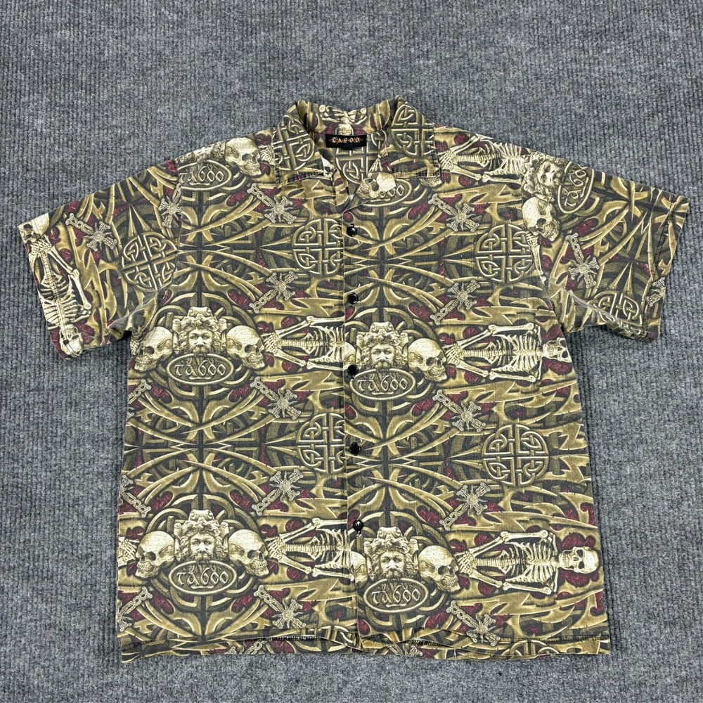 Taboo Mens XL Skull Skeleton Cross Gothic Button Up Shirt Short Sleeve Y2K Style